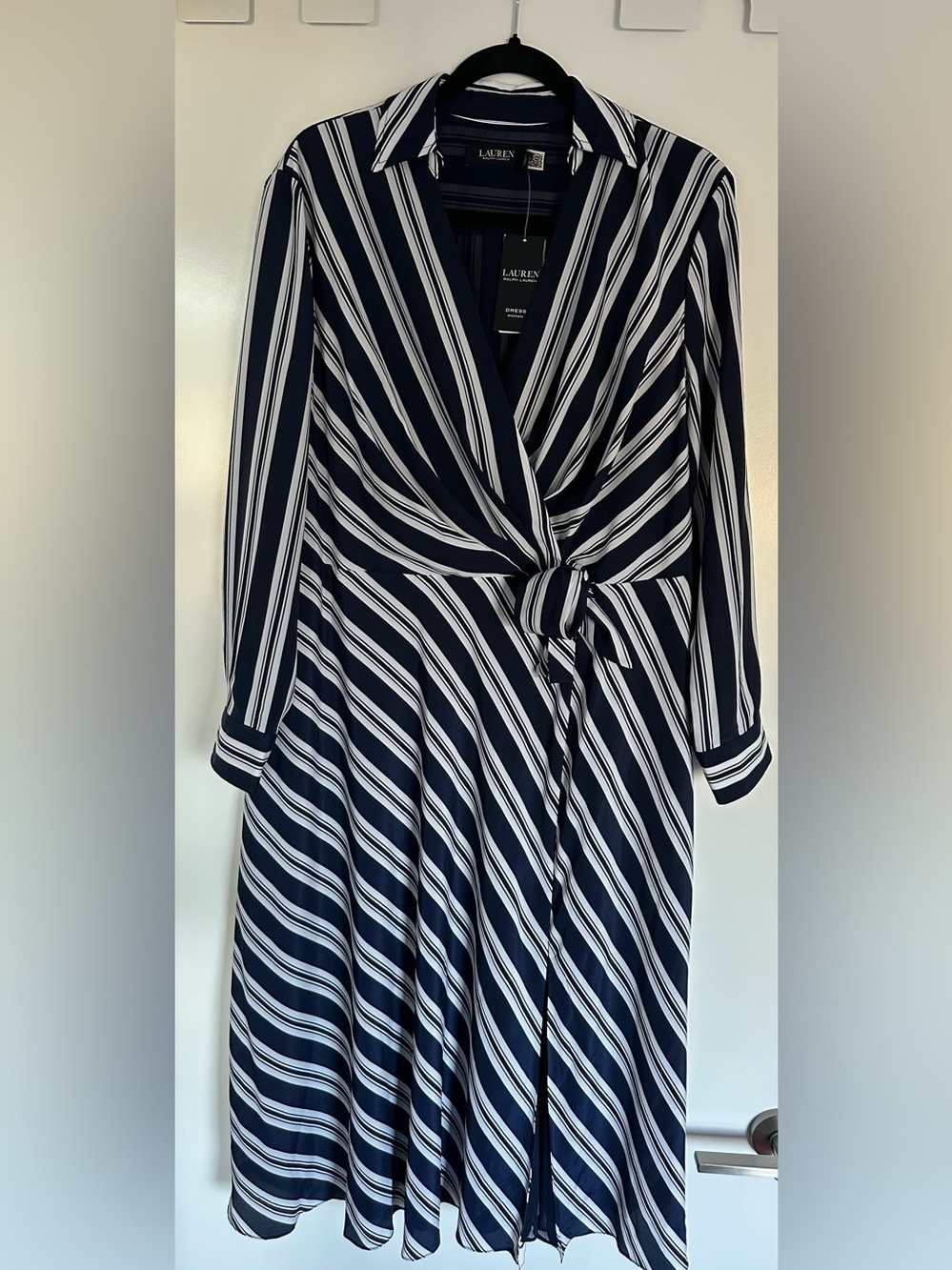NWT Lauren Ralph Lauren Sz 14 Navy and White Striped Long-Sleeve Wrap Dress